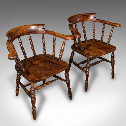 Pair of Antique Smoker's Bow Chairs, English Beech Captain's Armchair, Victorian