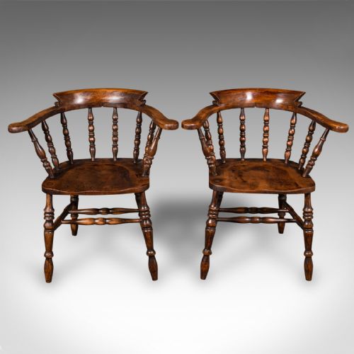 fig 1. Pair Of Antique Smoker's Bow Chairs, English Beech Captain's Armchair, Victorian