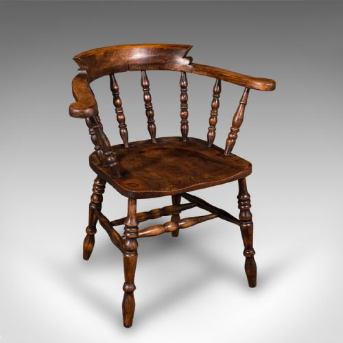 fig 2. Pair Of Antique Smoker's Bow Chairs, English Beech Captain's Armchair, Victorian