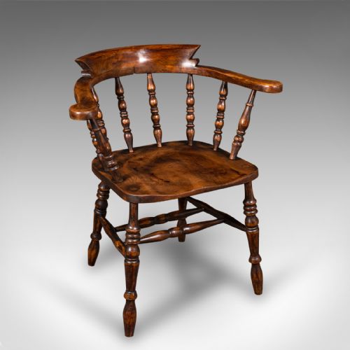 fig 4. Pair Of Antique Smoker's Bow Chairs, English Beech Captain's Armchair, Victorian
