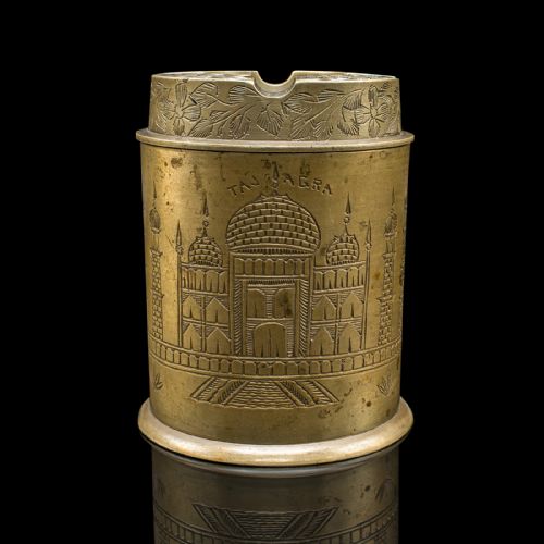 ANTIQUE HAND DECORATED CIGARETTE KEEPER INDIAN BRASS TOBACCO TIN VICTORIAN - ADDITIONAL PHOTO 1