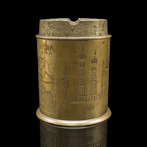 ANTIQUE HAND DECORATED CIGARETTE KEEPER INDIAN BRASS TOBACCO TIN VICTORIAN - ADDITIONAL PHOTO 2