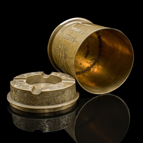 ANTIQUE HAND DECORATED CIGARETTE KEEPER INDIAN BRASS TOBACCO TIN VICTORIAN - ADDITIONAL PHOTO 5