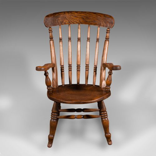 fig 1. Antique Rocker, English, Beech, Elm, Rocking Chair, Country House, Victorian