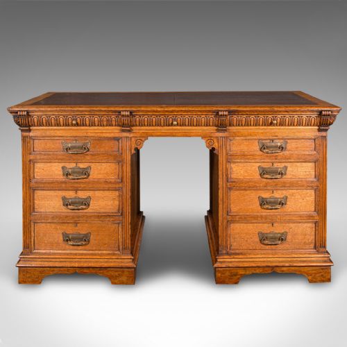 ANTIQUE PEDESTAL DESK ENGLISH OAK LEATHER MERRYWEATHER SON LATE VICTORIAN - ADDITIONAL PHOTO 1