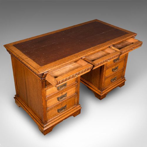 ANTIQUE PEDESTAL DESK ENGLISH OAK LEATHER MERRYWEATHER SON LATE VICTORIAN - ADDITIONAL PHOTO 5