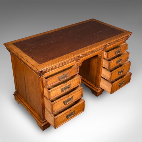 ANTIQUE PEDESTAL DESK ENGLISH OAK LEATHER MERRYWEATHER SON LATE VICTORIAN - ADDITIONAL PHOTO 6