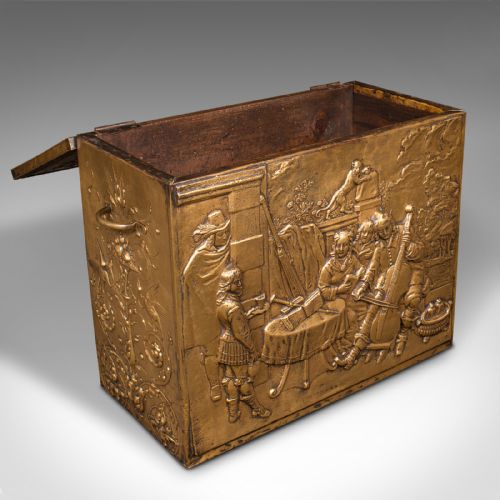 ANTIQUE DECORATIVE FIRESIDE STORE BELGIAN BRASS LOG COAL BIN LATE VICTORIAN - ADDITIONAL PHOTO 1