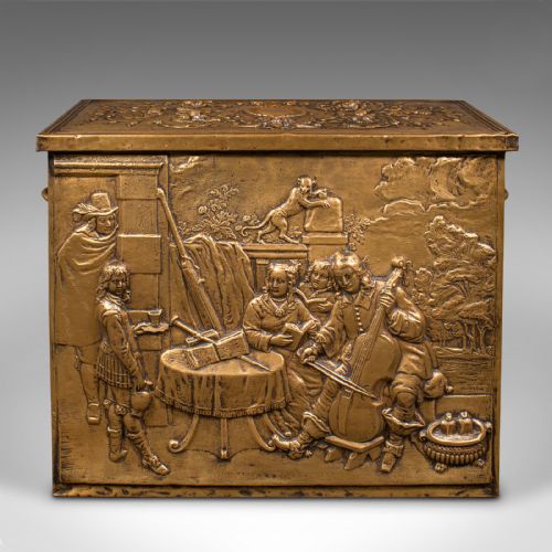 ANTIQUE DECORATIVE FIRESIDE STORE BELGIAN BRASS LOG COAL BIN LATE VICTORIAN - ADDITIONAL PHOTO 2