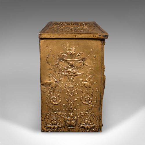 ANTIQUE DECORATIVE FIRESIDE STORE BELGIAN BRASS LOG COAL BIN LATE VICTORIAN - ADDITIONAL PHOTO 4