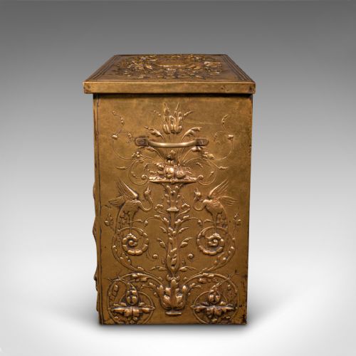 ANTIQUE DECORATIVE FIRESIDE STORE BELGIAN BRASS LOG COAL BIN LATE VICTORIAN - ADDITIONAL PHOTO 5