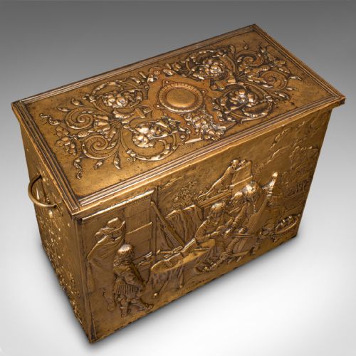 ANTIQUE DECORATIVE FIRESIDE STORE BELGIAN BRASS LOG COAL BIN LATE VICTORIAN - ADDITIONAL PHOTO 6