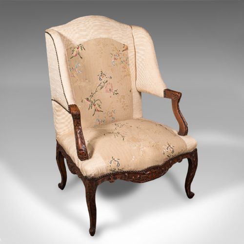 Antique Morning Room Chair, French Beech, Textile, Wing Back Armchair, Victorian