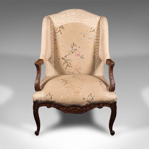 fig 1. Antique Morning Room Chair, French Beech, Textile, Wing Back Armchair, Victorian