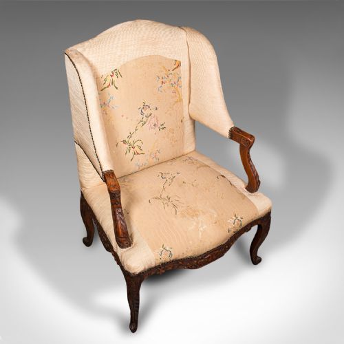 fig 4. Antique Morning Room Chair, French Beech, Textile, Wing Back Armchair, Victorian