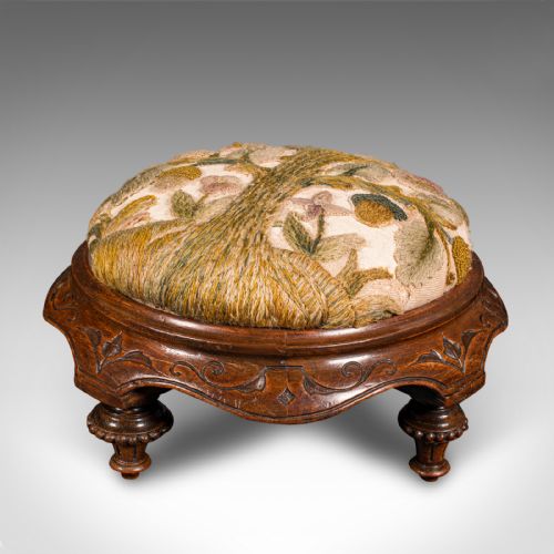 fig 1. Antique Crewel Work Footstool, English, Walnut, Embroidery, Stool, Victorian