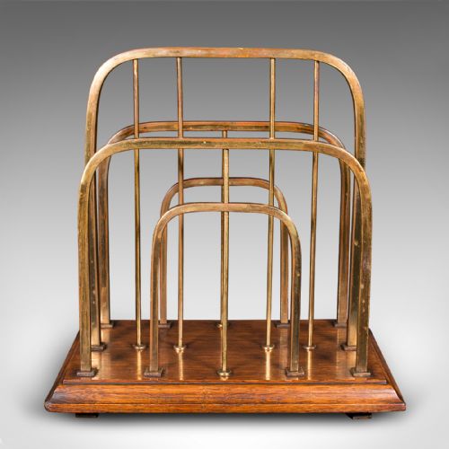 ANTIQUE CHAIRSIDE NEWSPAPER RACK ENGLISH OAK BRASS MAGAZINE STAND EDWARDIAN - ADDITIONAL PHOTO 1