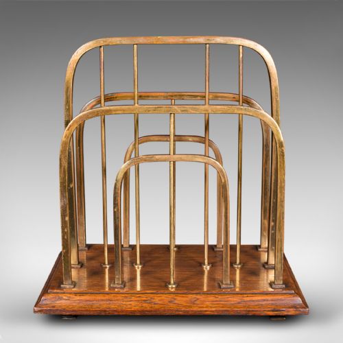ANTIQUE CHAIRSIDE NEWSPAPER RACK ENGLISH OAK BRASS MAGAZINE STAND EDWARDIAN - ADDITIONAL PHOTO 2