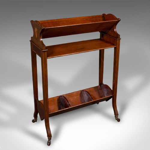 fig 1. Antique Book Trough Stand, English, Walnut, Boxwood, Lounge Bookcase, Edwardian
