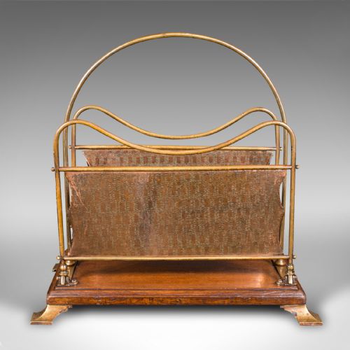 ANTIQUE NEWSPAPER RACK FRENCH BRASS COPPER WALNUT MAGAZINE STAND VICTORIAN - ADDITIONAL PHOTO 1