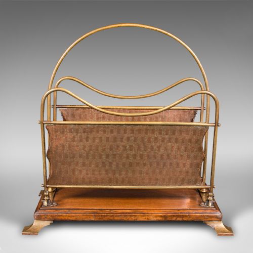 ANTIQUE NEWSPAPER RACK FRENCH BRASS COPPER WALNUT MAGAZINE STAND VICTORIAN - ADDITIONAL PHOTO 2