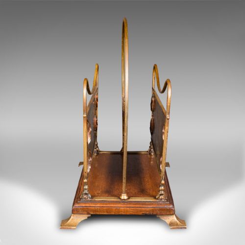 ANTIQUE NEWSPAPER RACK FRENCH BRASS COPPER WALNUT MAGAZINE STAND VICTORIAN - ADDITIONAL PHOTO 3