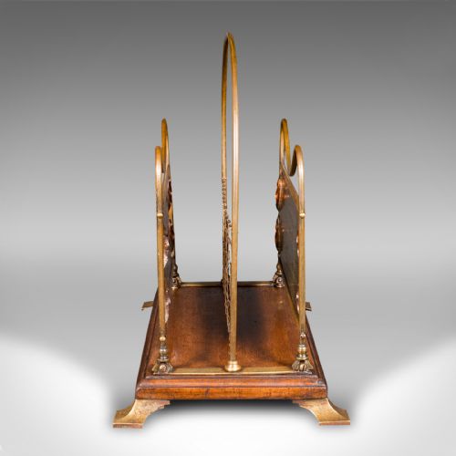 ANTIQUE NEWSPAPER RACK FRENCH BRASS COPPER WALNUT MAGAZINE STAND VICTORIAN - ADDITIONAL PHOTO 4