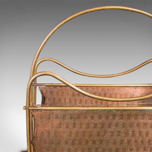 ANTIQUE NEWSPAPER RACK FRENCH BRASS COPPER WALNUT MAGAZINE STAND VICTORIAN - ADDITIONAL PHOTO 5