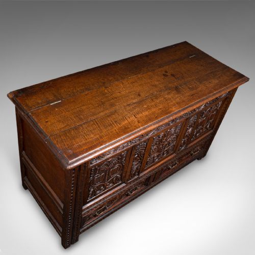 LARGE ANTIQUE MULE CHEST ENGLISH CARVED OAK COFFER WILLIAM III CIRCA 1700 - ADDITIONAL PHOTO 6