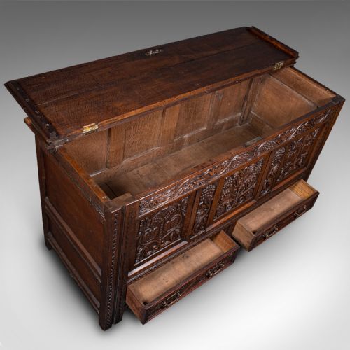 LARGE ANTIQUE MULE CHEST ENGLISH CARVED OAK COFFER WILLIAM III CIRCA 1700 - ADDITIONAL PHOTO 7