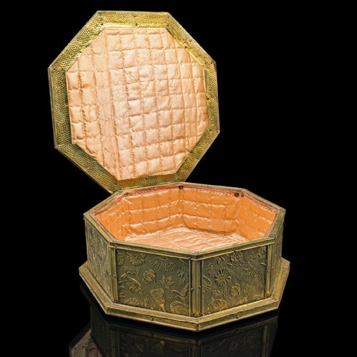 fig 1. Antique Octagonal Sewing Box, English, Brass, Workbox, Relief Decor, Edwardian
