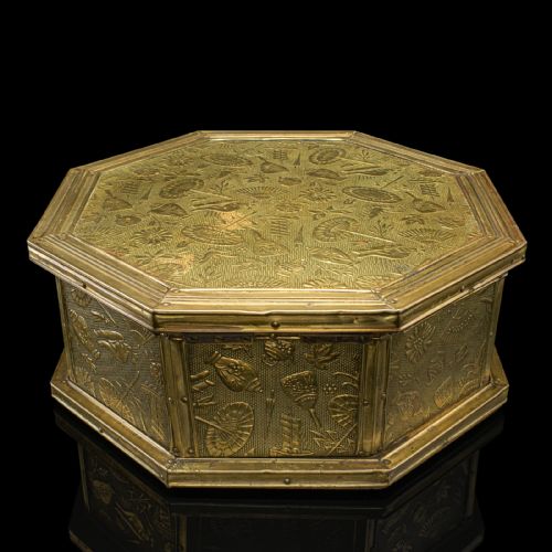fig 2. Antique Octagonal Sewing Box, English, Brass, Workbox, Relief Decor, Edwardian