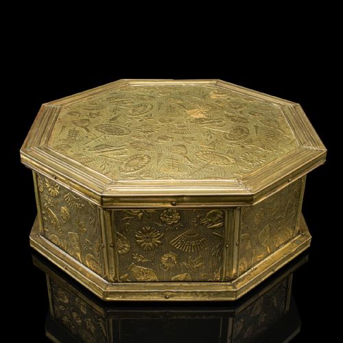 fig 3. Antique Octagonal Sewing Box, English, Brass, Workbox, Relief Decor, Edwardian