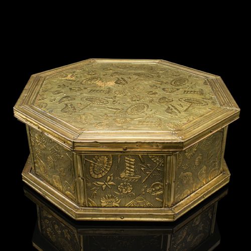 fig 4. Antique Octagonal Sewing Box, English, Brass, Workbox, Relief Decor, Edwardian