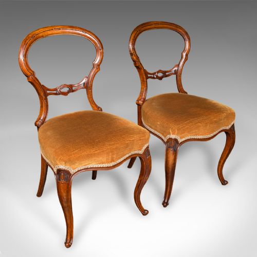 Pair of Antique Side Chairs, English, Walnut, Buckle Back Seat, Early Victorian