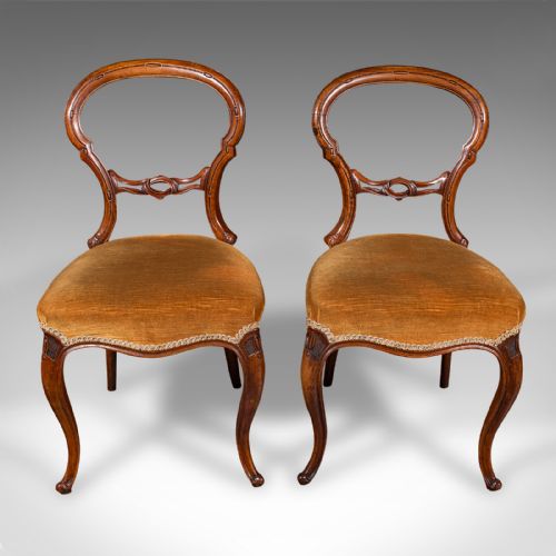 fig 1. Pair Of Antique Side Chairs, English, Walnut, Buckle Back Seat, Early Victorian