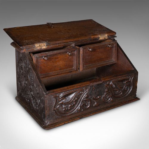 ANTIQUE VERGER'S BIBLE BOX ENGLISH OAK CARVED ECCLESIASTICAL WILLIAM III - ADDITIONAL PHOTO 1