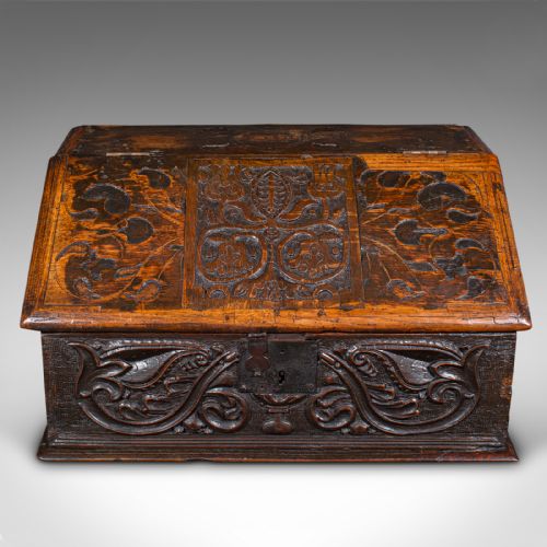 ANTIQUE VERGER'S BIBLE BOX ENGLISH OAK CARVED ECCLESIASTICAL WILLIAM III - ADDITIONAL PHOTO 2