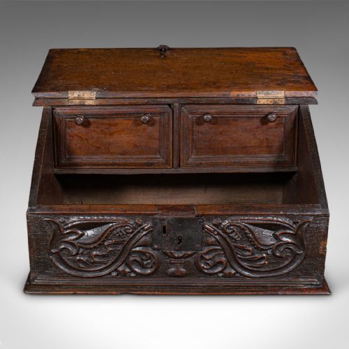 ANTIQUE VERGER'S BIBLE BOX ENGLISH OAK CARVED ECCLESIASTICAL WILLIAM III - ADDITIONAL PHOTO 3