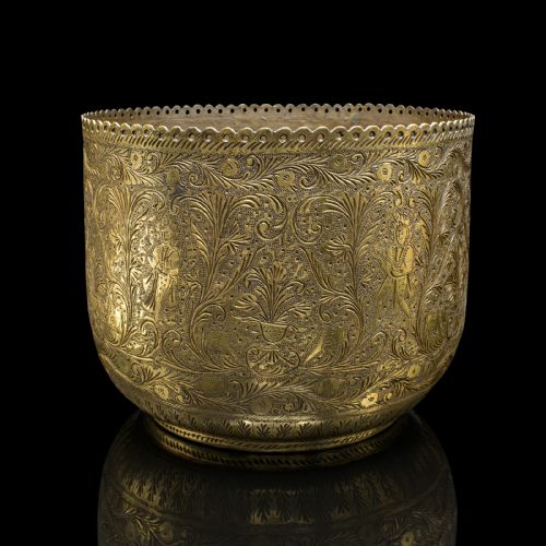 fig 3. Antique Decorative Planter, Indian, Chased Brass Jardiniere Pot, Victorian, 1900