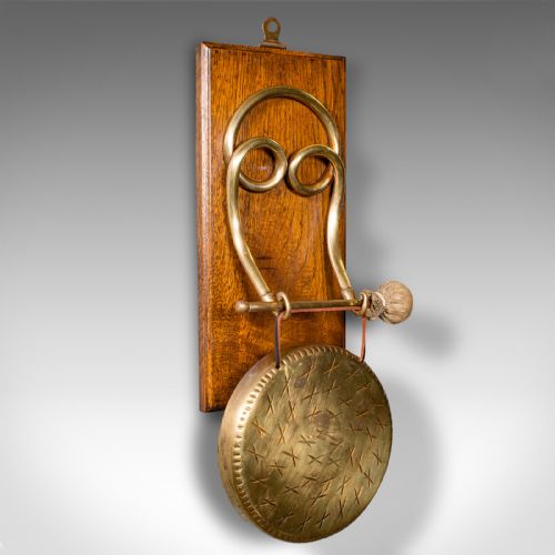 Antique Mounted Gong, English, Oak, Brass, Dinner Chime, Edwardian, Circa 1910