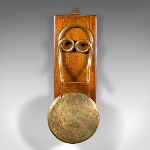 fig 1. Antique Mounted Gong, English, Oak, Brass, Dinner Chime, Edwardian, Circa 1910