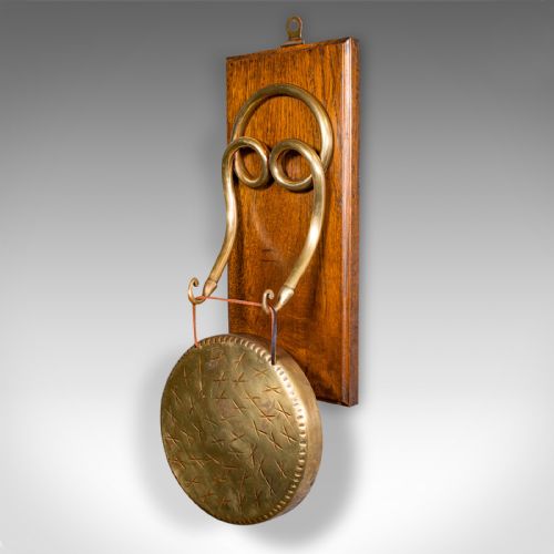 fig 2. Antique Mounted Gong, English, Oak, Brass, Dinner Chime, Edwardian, Circa 1910