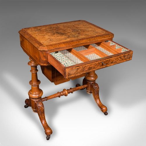 fig 1. Antique Sewing Table, English, Burr Walnut, Ladies Work Box, Victorian, C.1840
