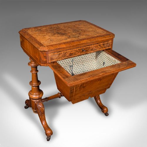fig 2. Antique Sewing Table, English, Burr Walnut, Ladies Work Box, Victorian, C.1840