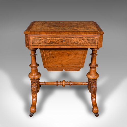 fig 3. Antique Sewing Table, English, Burr Walnut, Ladies Work Box, Victorian, C.1840