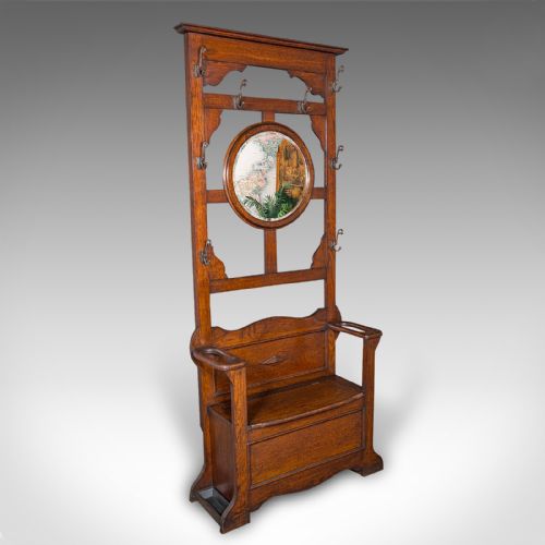 Tall Antique Seated Coat Stand, English Oak, Hall Rack, Velvet Mirror, Edwardian