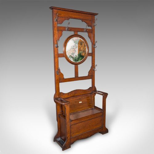 fig 1. Tall Antique Seated Coat Stand, English Oak, Hall Rack, Velvet Mirror, Edwardian