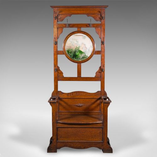 fig 2. Tall Antique Seated Coat Stand, English Oak, Hall Rack, Velvet Mirror, Edwardian
