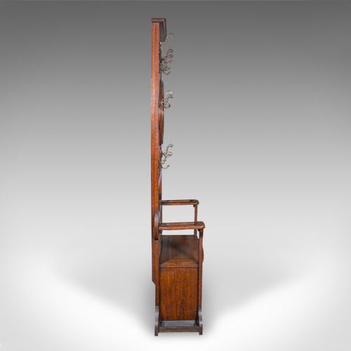fig 3. Tall Antique Seated Coat Stand, English Oak, Hall Rack, Velvet Mirror, Edwardian